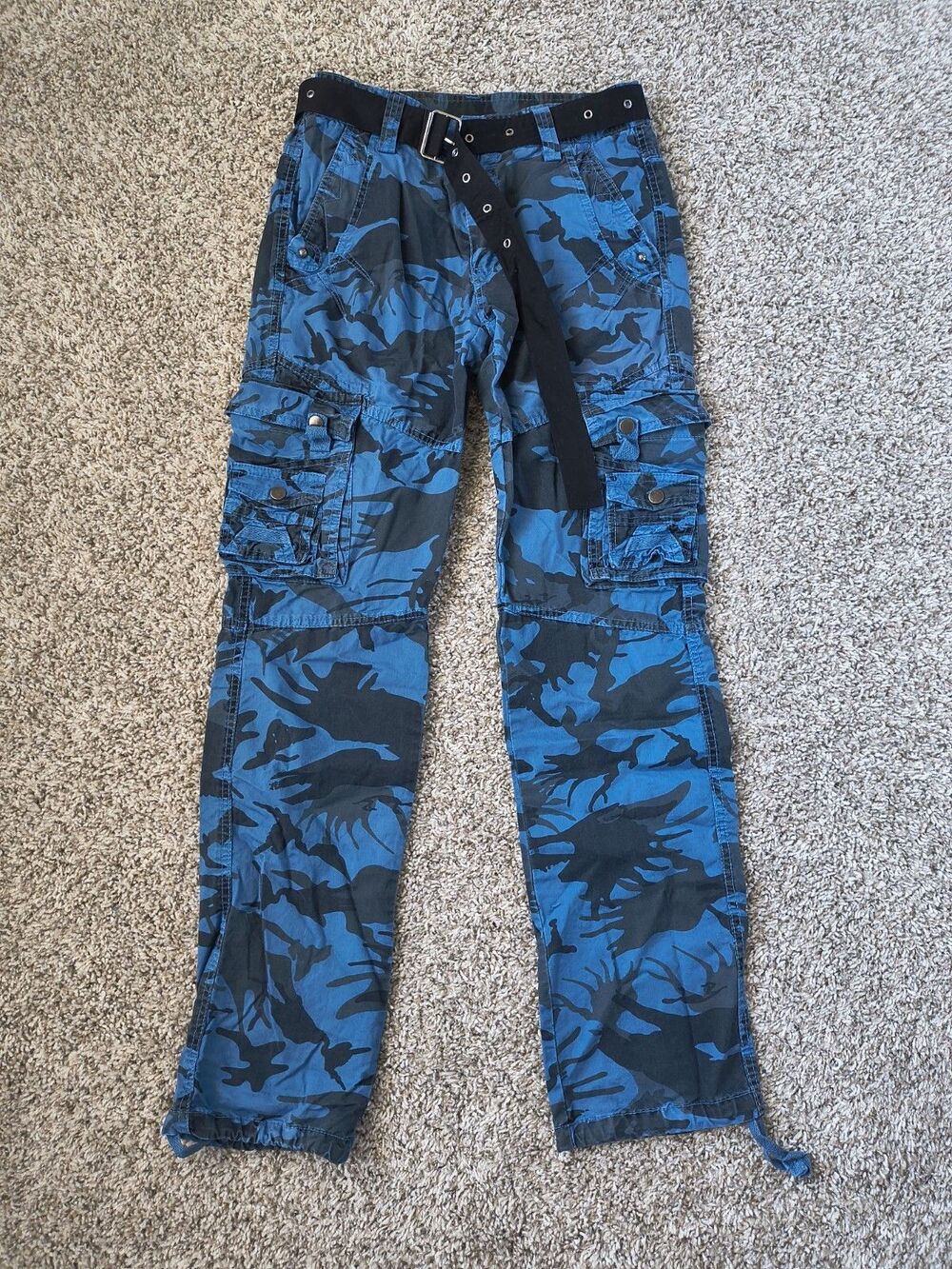 Womens Blue Camo Cargo Pants Size 30 Utility Military Belted Cotton Y2K